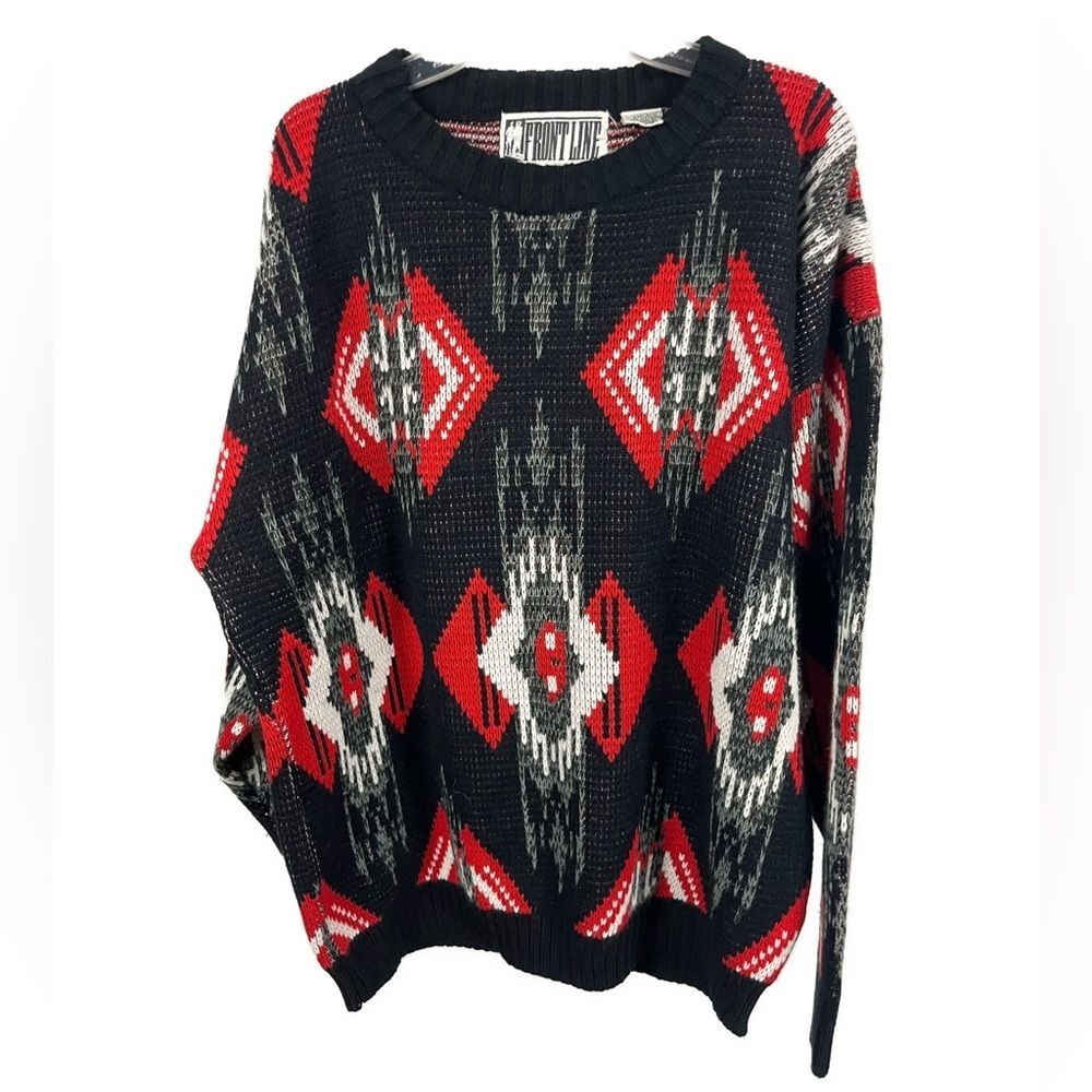 Vintage 80s Men's Printed Black‎ Red Crew Neck Sweater- Size Large